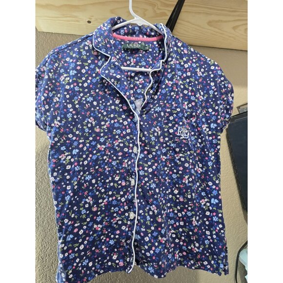 Lauren Ralph Lauren Blue Floral Print Pajama Set Women's Size Small Short Sleeve - Picture 2 of 9